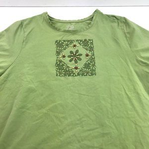 Liz & Me Essentials Womens Green Beaded Flower Short Sleeve Crewneck Shirt 1X
